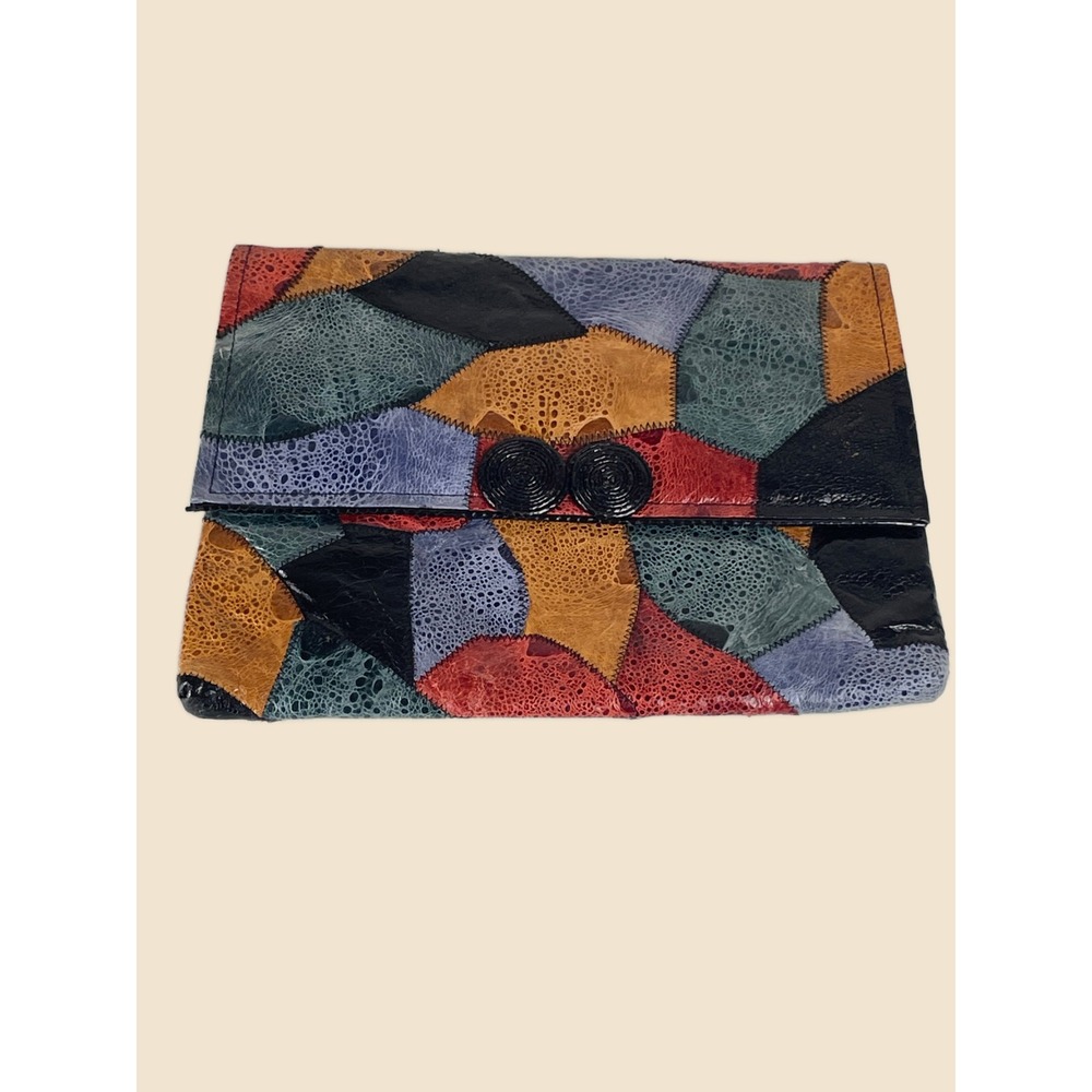 Vintage 90s Clutch‎ Purse Handcrafted Leather Crazy Quilt Patchwork Statement